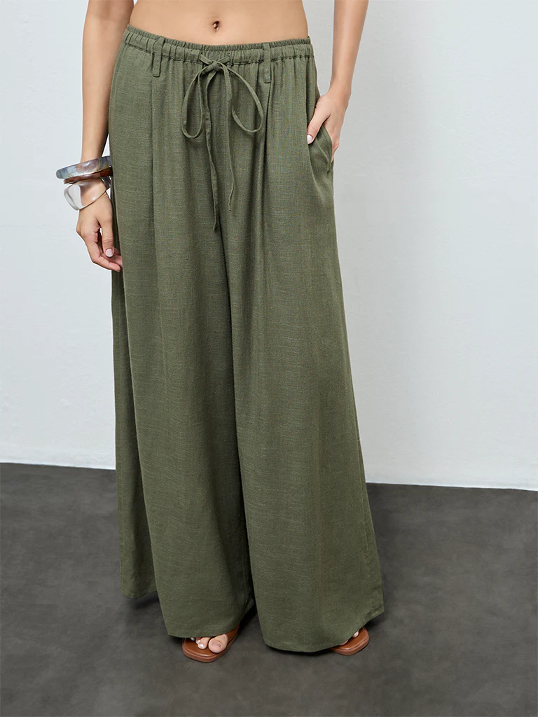 LOV Olive Solid High-Rise Flared Cotton-Blend Pants - Image 2