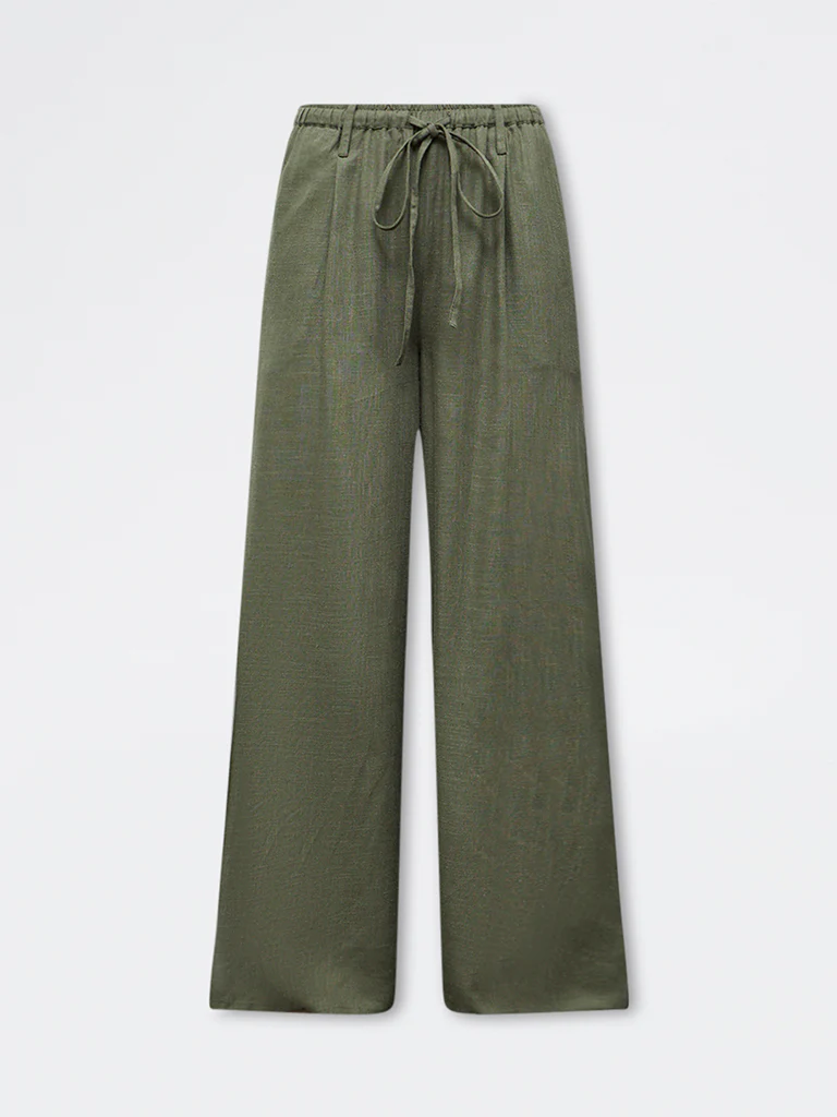 LOV Olive Solid High-Rise Flared Cotton-Blend Pants - Image 5