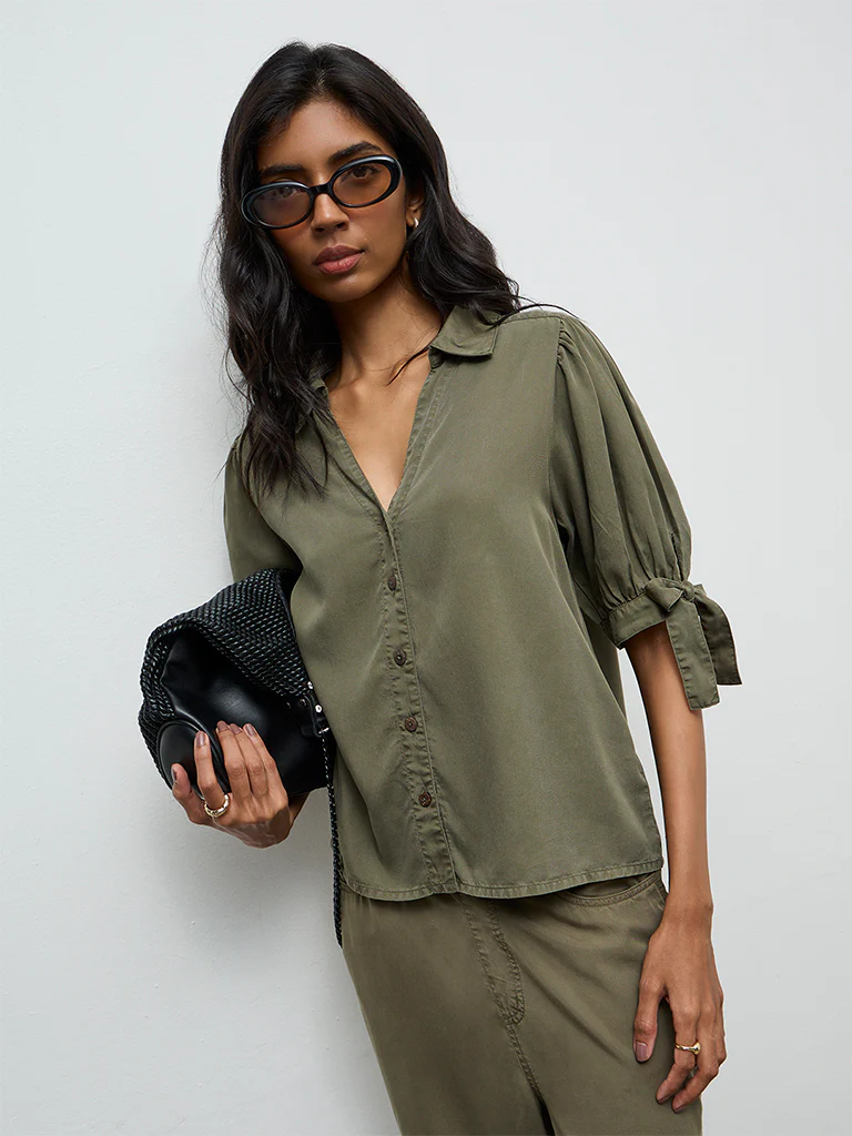 LOV Olive Solid Knot-Detailed Denim Shirt