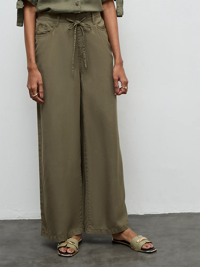 LOV Olive Solid Knot-Detailed High-Rise Denim Trousers - Image 2