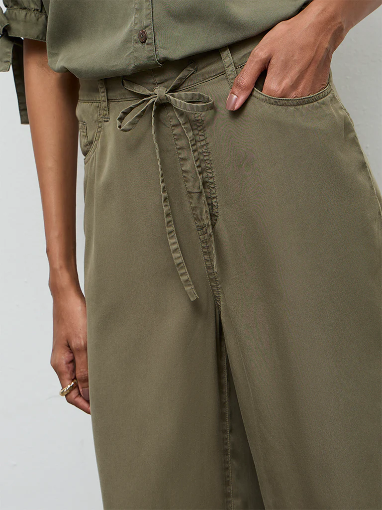LOV Olive Solid Knot-Detailed High-Rise Denim Trousers - Image 3