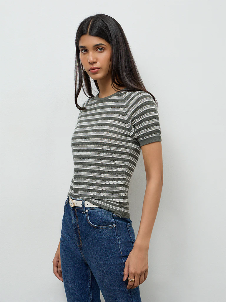 LOV Olive Striped Knit-Textured T-Shirt