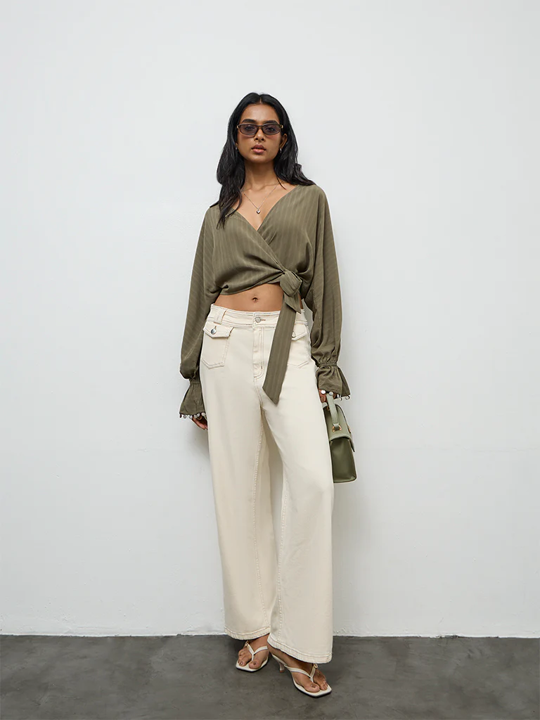 LOV Olive Striped Wrap-Style Top - Image 2