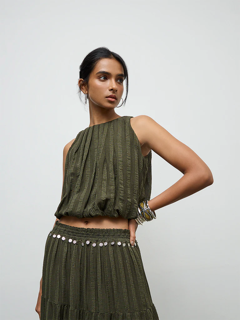 LOV Olive Textured Bubble Top