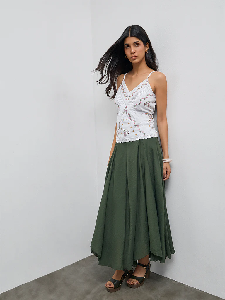 LOV Olive Textured High-Rise Maxi Skirt