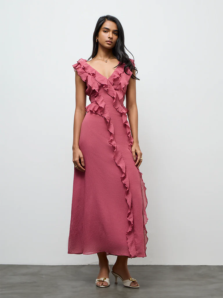 LOV Pink Ruffled Maxi A-Line Dress
