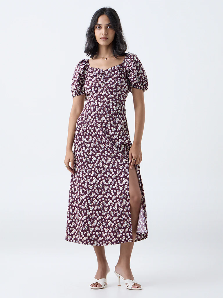 LOV Plum Floral Detailed A-Line Dress - Image 2
