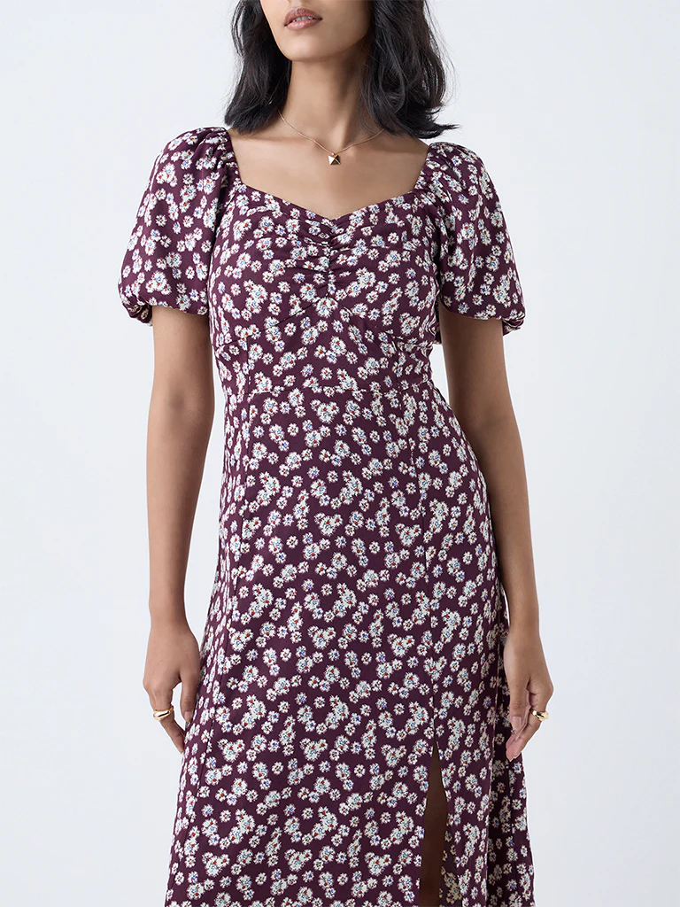 LOV Plum Floral Detailed A-Line Dress - Image 3