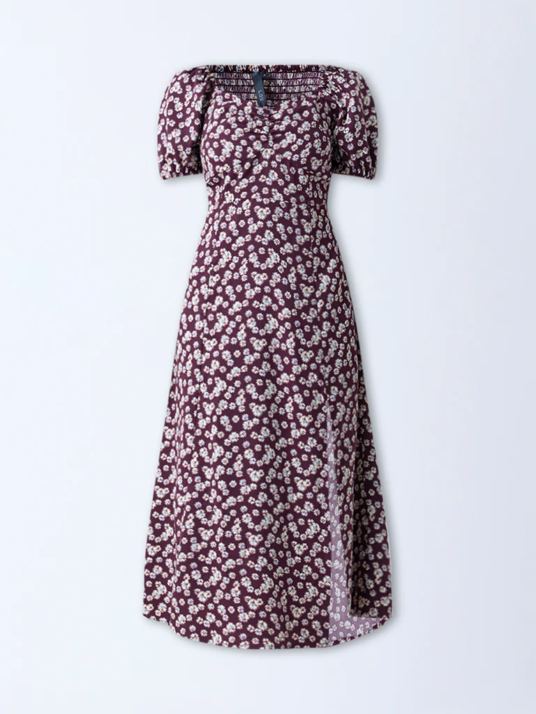 LOV Plum Floral Detailed A-Line Dress - Image 5