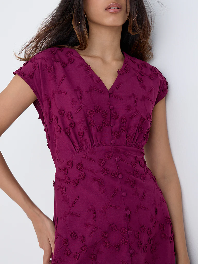 LOV Plum Floral Embroidered Cotton A-Line Dress - Image 3