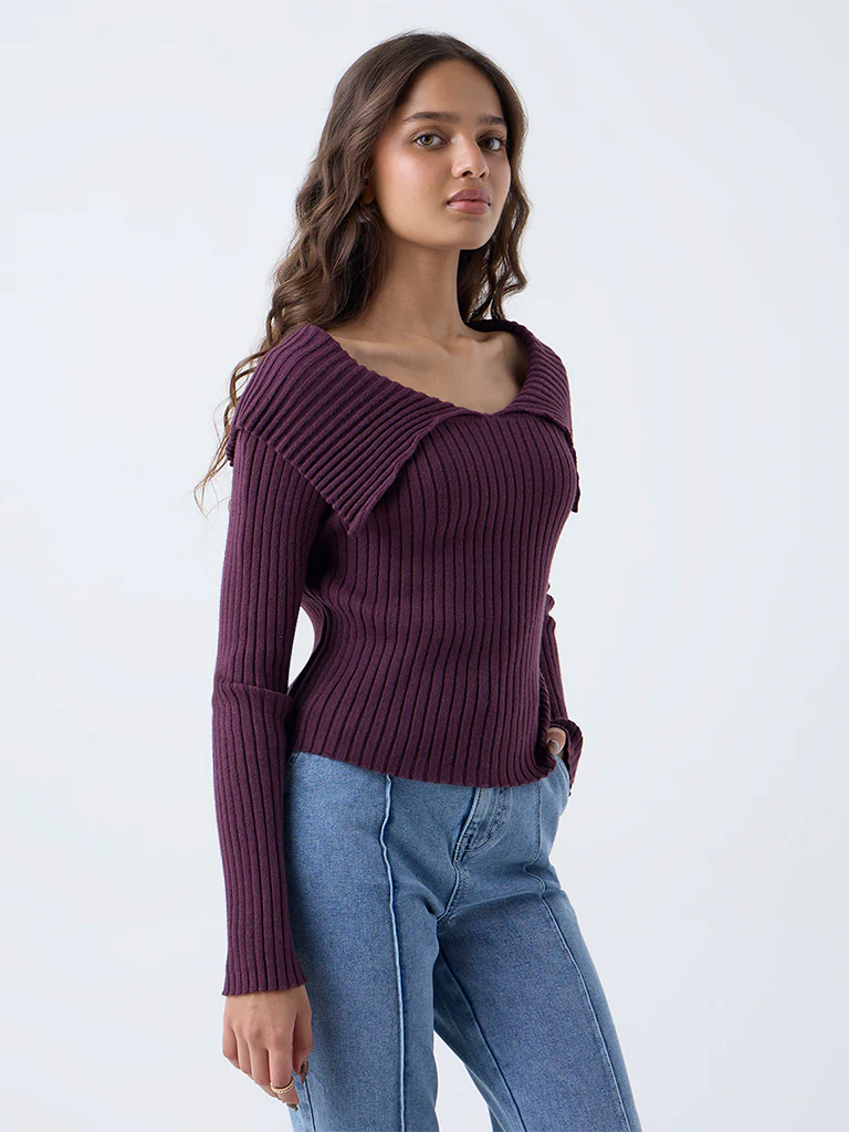 LOV Plum Ribbed Textured Top - Image 2