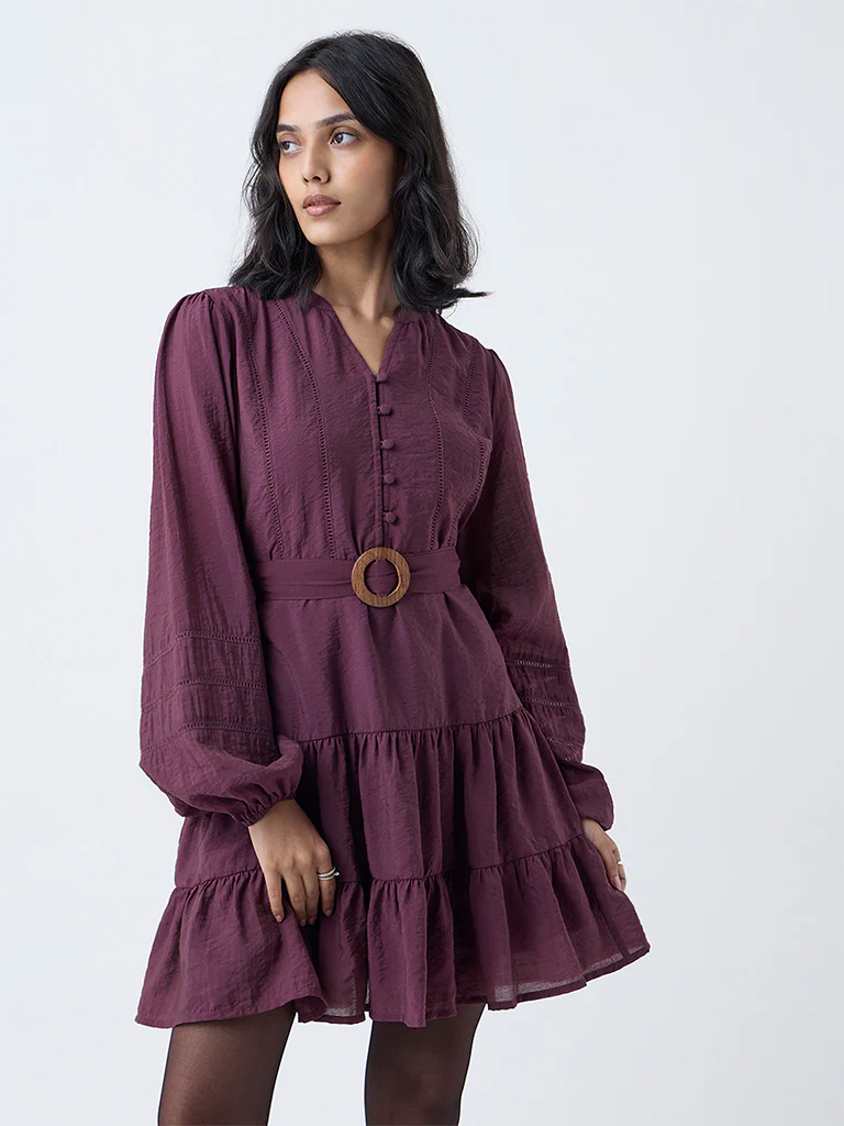 LOV Plum Solid Tiered Dress with Belt - Image 2