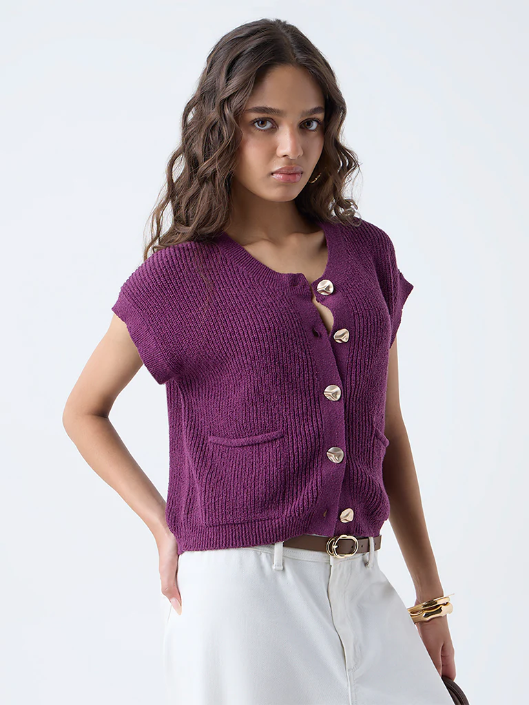 LOV Purple Self-Striped Cotton-Blend Cardigan - Image 2