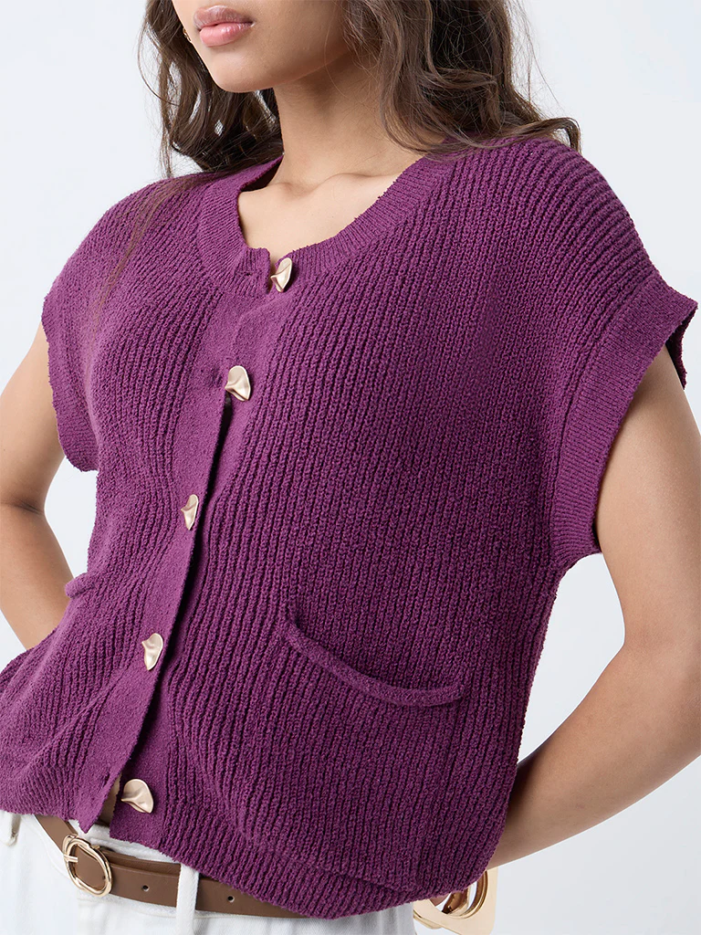 LOV Purple Self-Striped Cotton-Blend Cardigan - Image 3