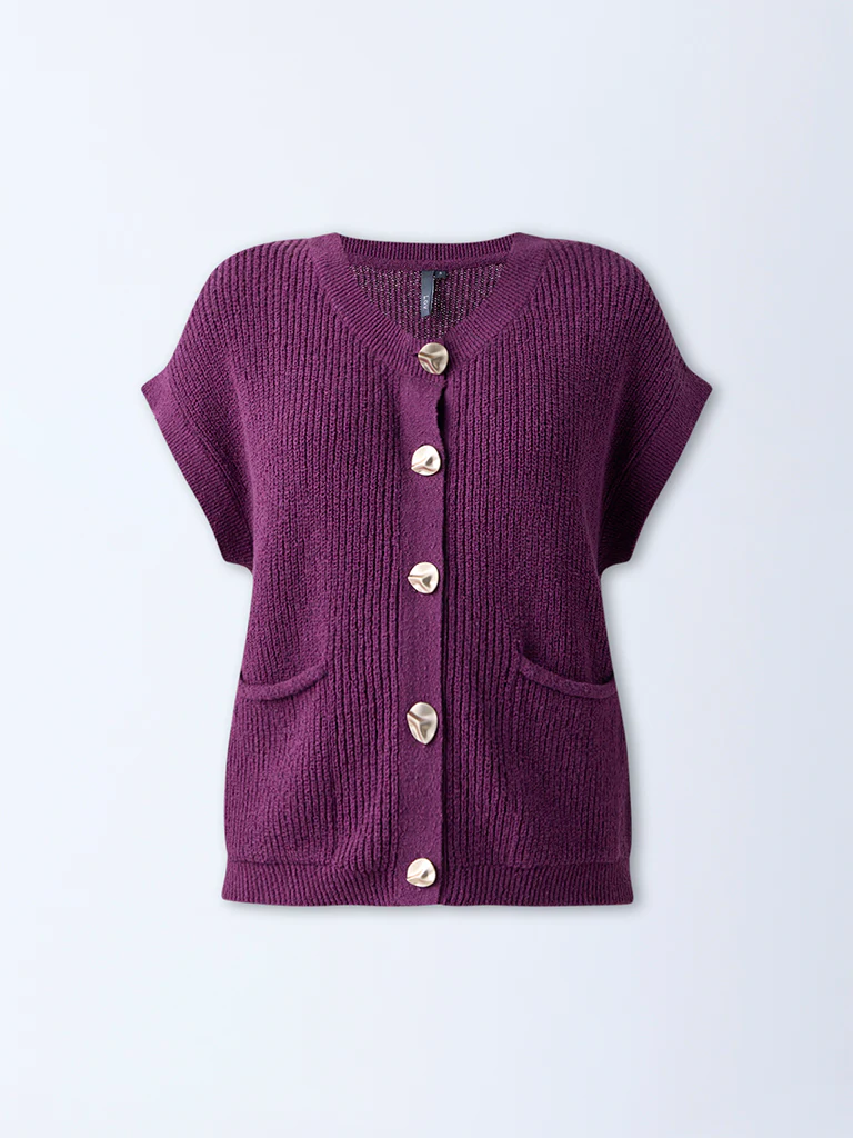 LOV Purple Self-Striped Cotton-Blend Cardigan - Image 5