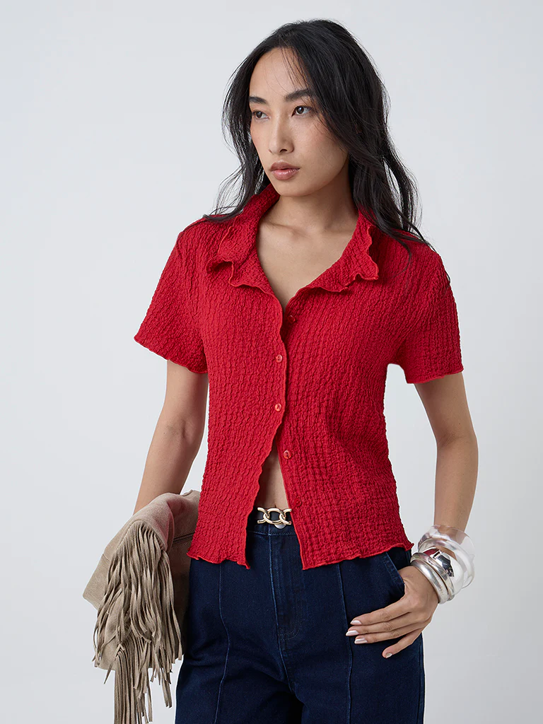 LOV Red Crinkle-Textured Shirt - Image 2