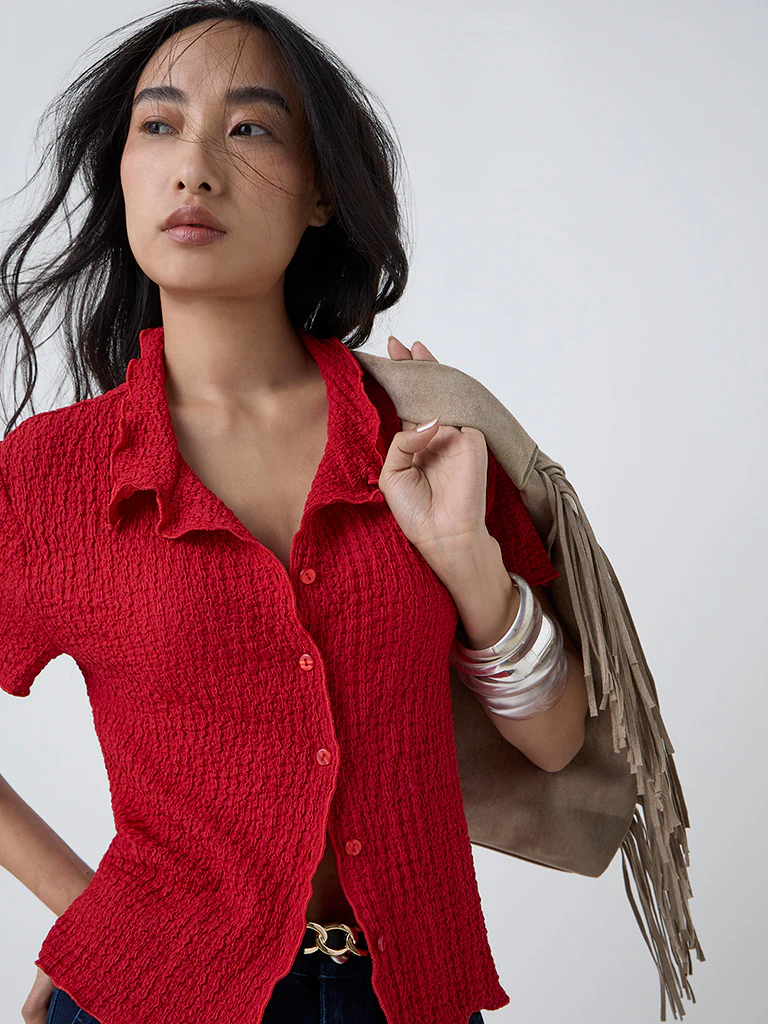 LOV Red Crinkle-Textured Shirt - Image 3