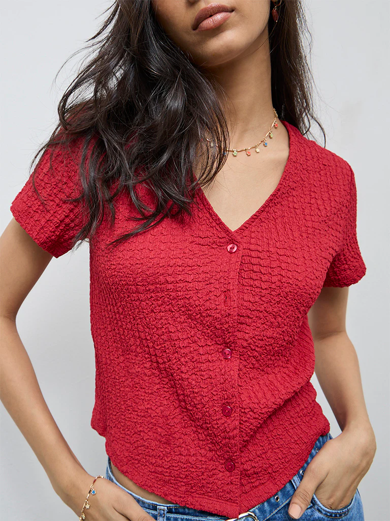 LOV Red Crinkle-Textured Top - Image 3