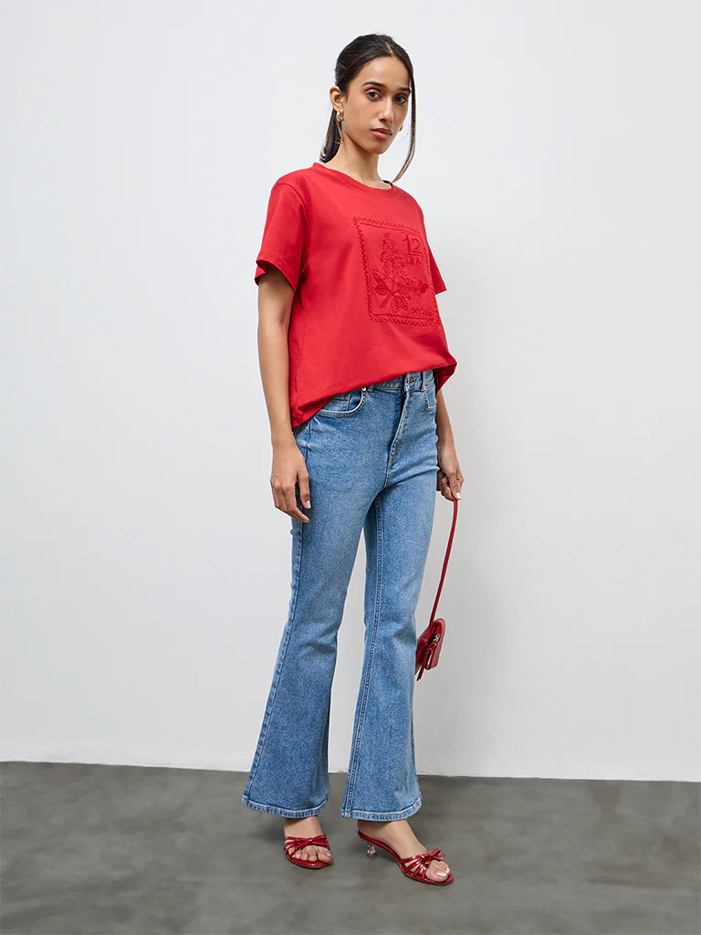 LOV Red Embroidered Cotton T-Shirt - Image 2