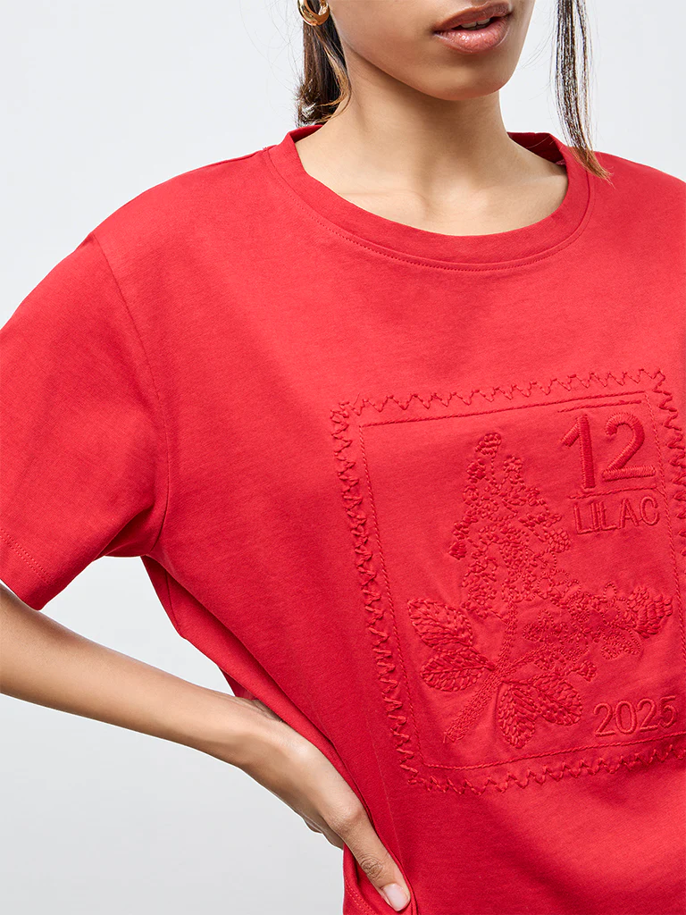 LOV Red Embroidered Cotton T-Shirt - Image 3