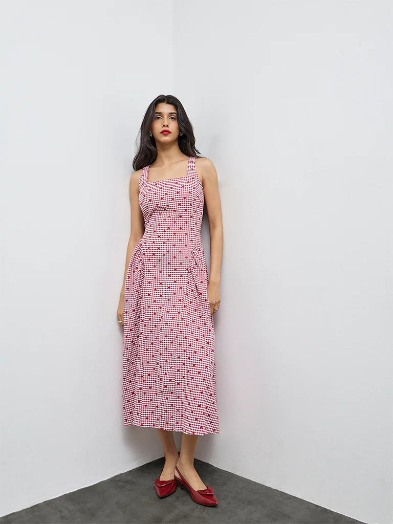 LOV Red Gingham Checkered Cotton A-Line Dress
