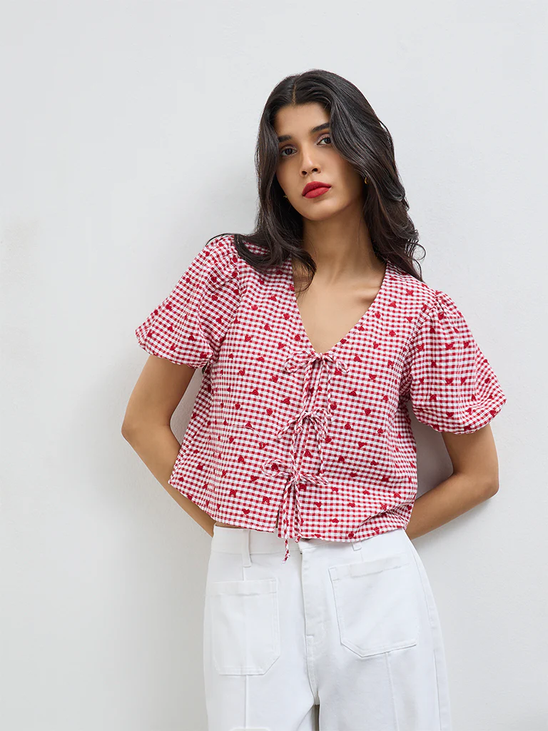 LOV Red Gingham Checkered Cotton Blouse
