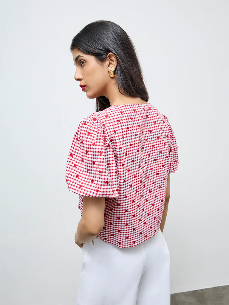 LOV Red Gingham Checkered Cotton Blouse - Image 4