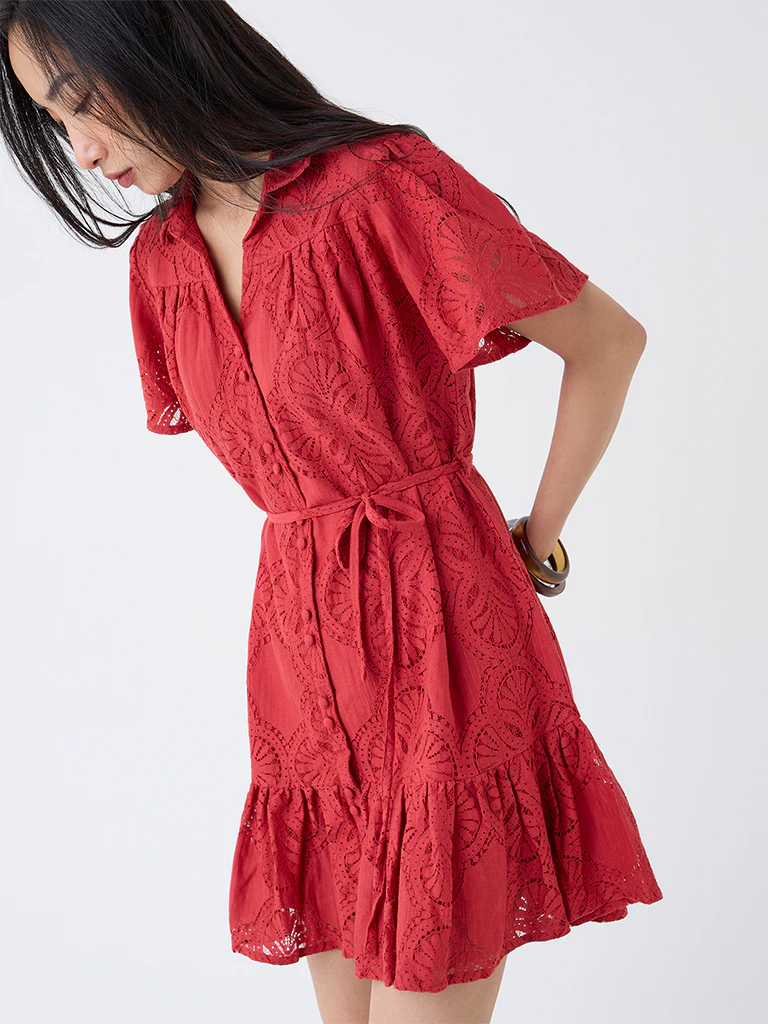 LOV Red Lace Design Cotton-Blend Shirt Dress with Belt - Image 3
