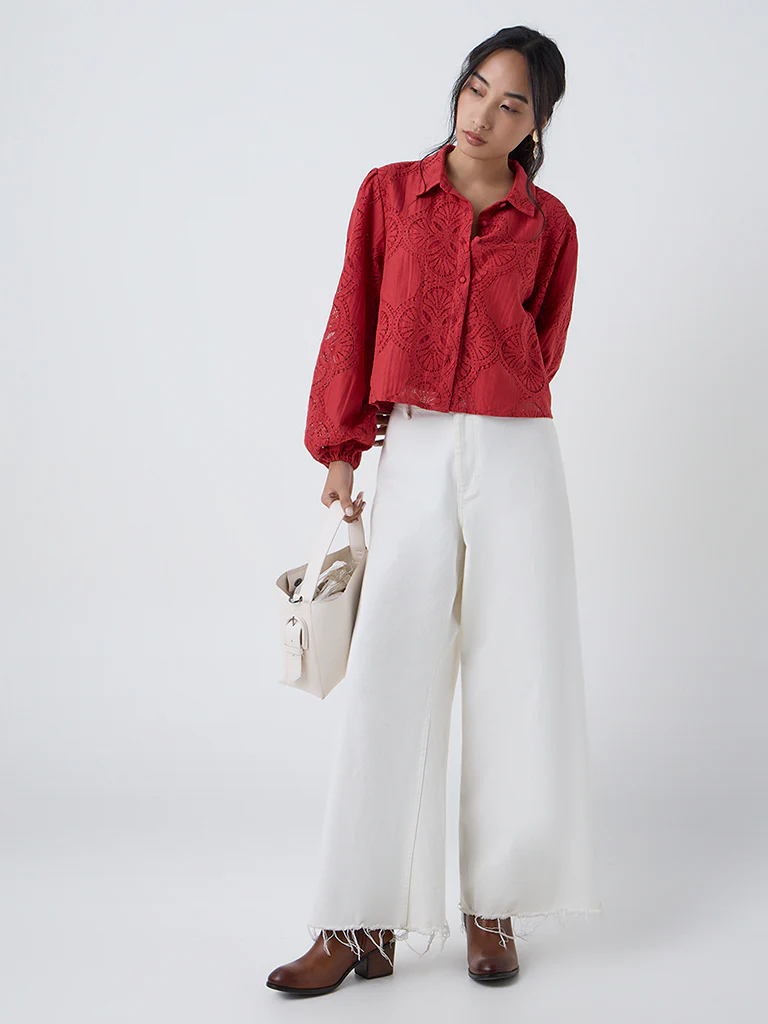 LOV Red Lace-Detailed Cotton-Blend Blouse - Image 2