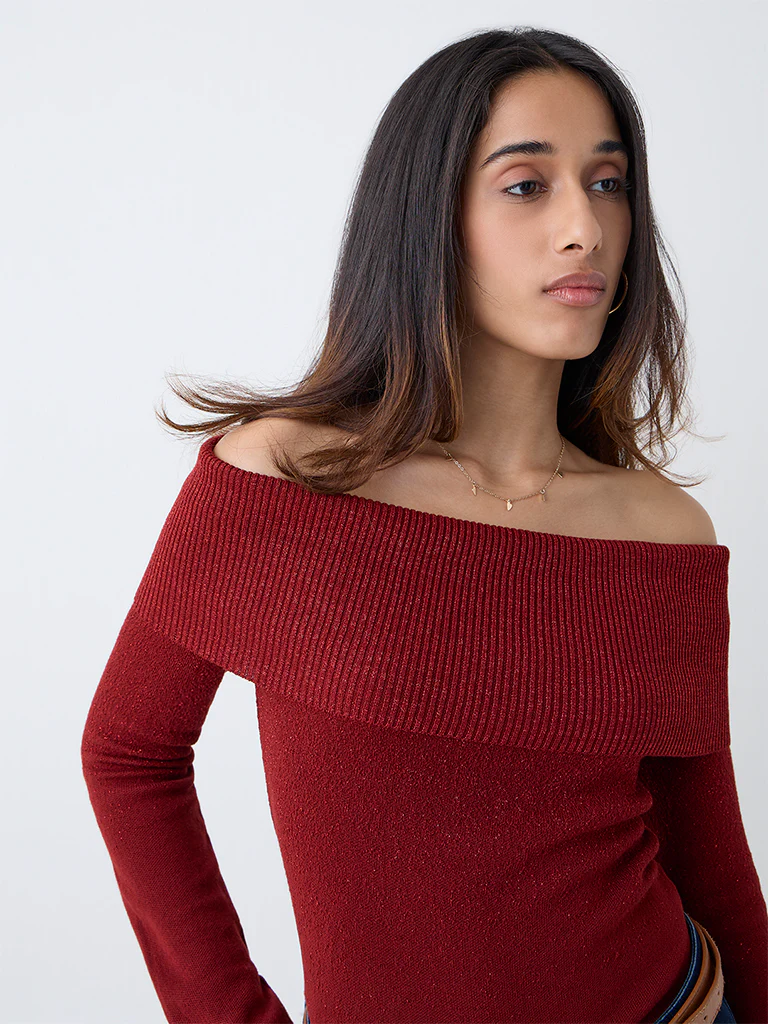 LOV Red Off-Shoulder Knitted Top - Image 3