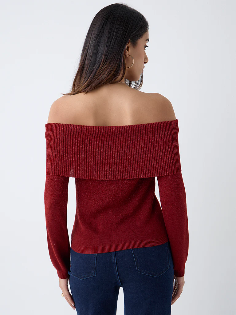 LOV Red Off-Shoulder Knitted Top - Image 4