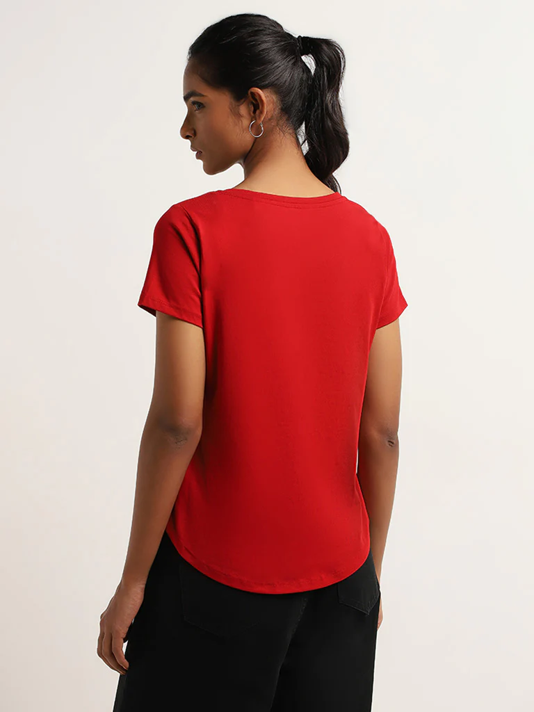 LOV Red Printed Cotton T-Shirt - Image 4