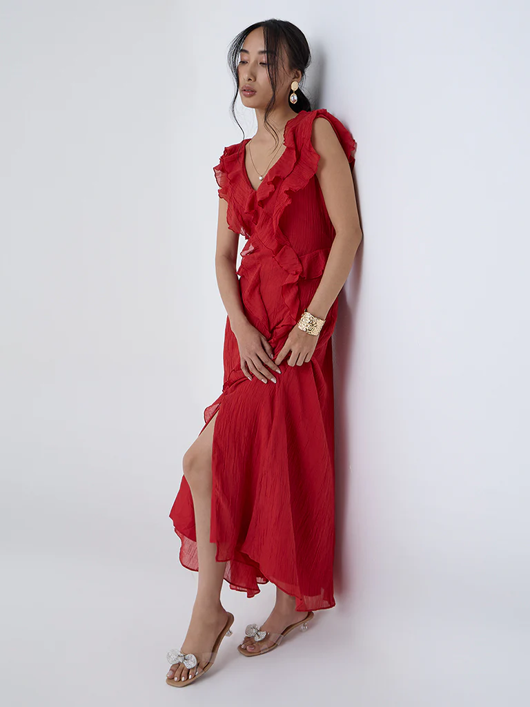 LOV Red Ruffle Detailed A-Line Cotton Dress - Image 2