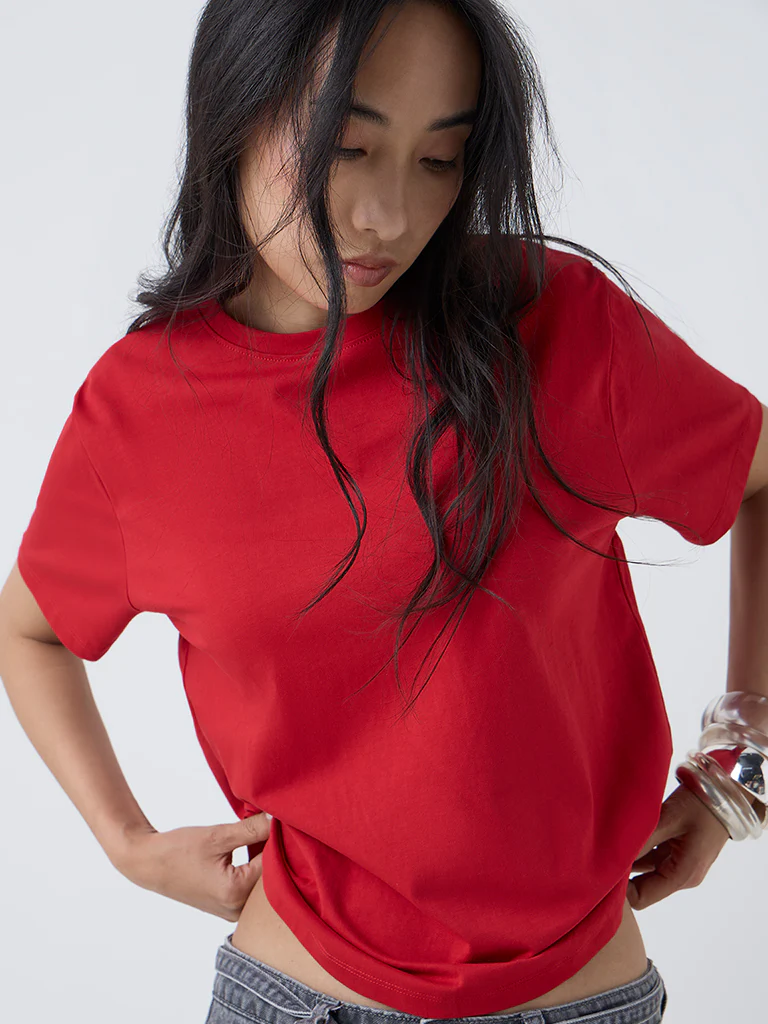 LOV Red Solid Cotton T-Shirt - Image 3