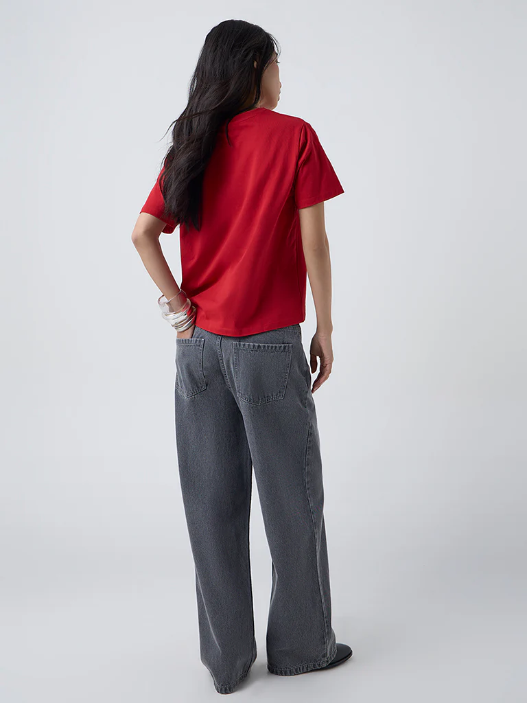 LOV Red Solid Cotton T-Shirt - Image 4