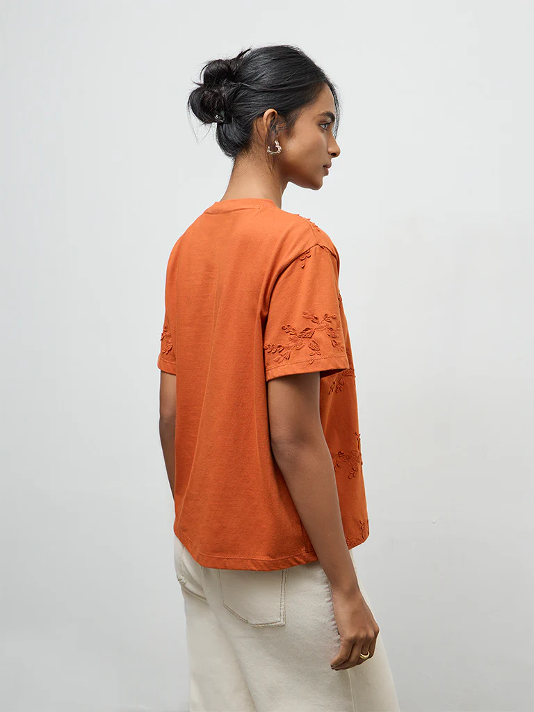 LOV Rust Botanical Embroidered Cotton T-Shirt - Image 4