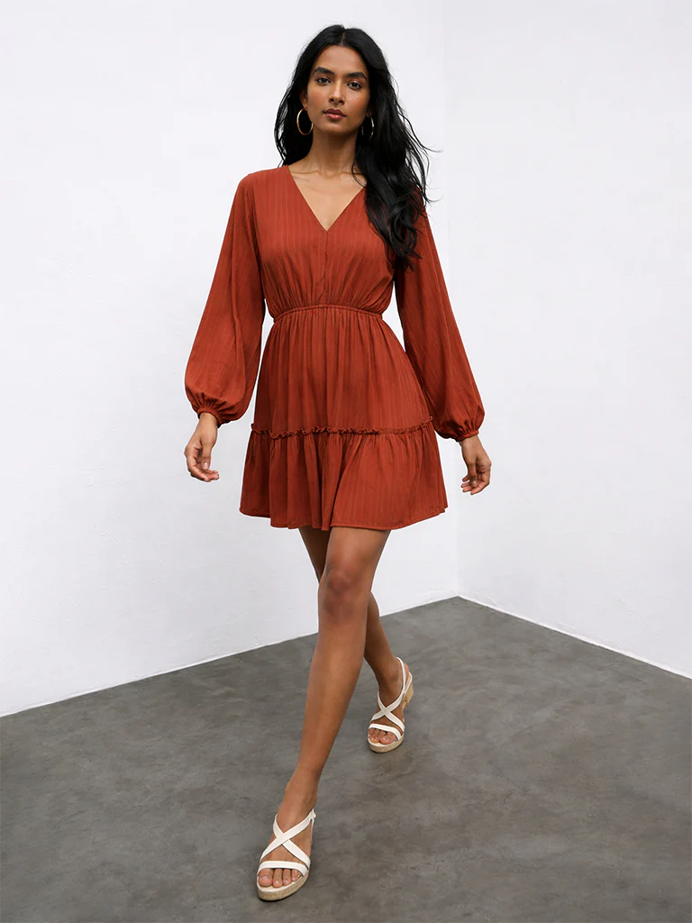 LOV Rust Crinkle-Textured A-Line Dress - Image 2