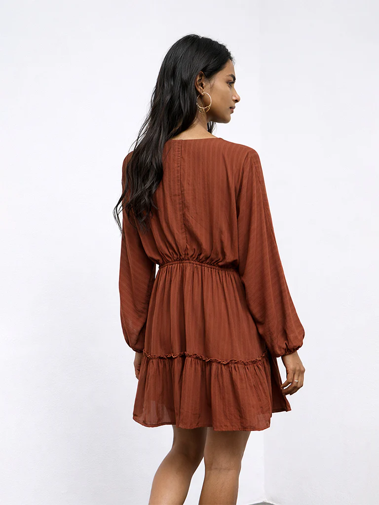 LOV Rust Crinkle-Textured A-Line Dress - Image 3