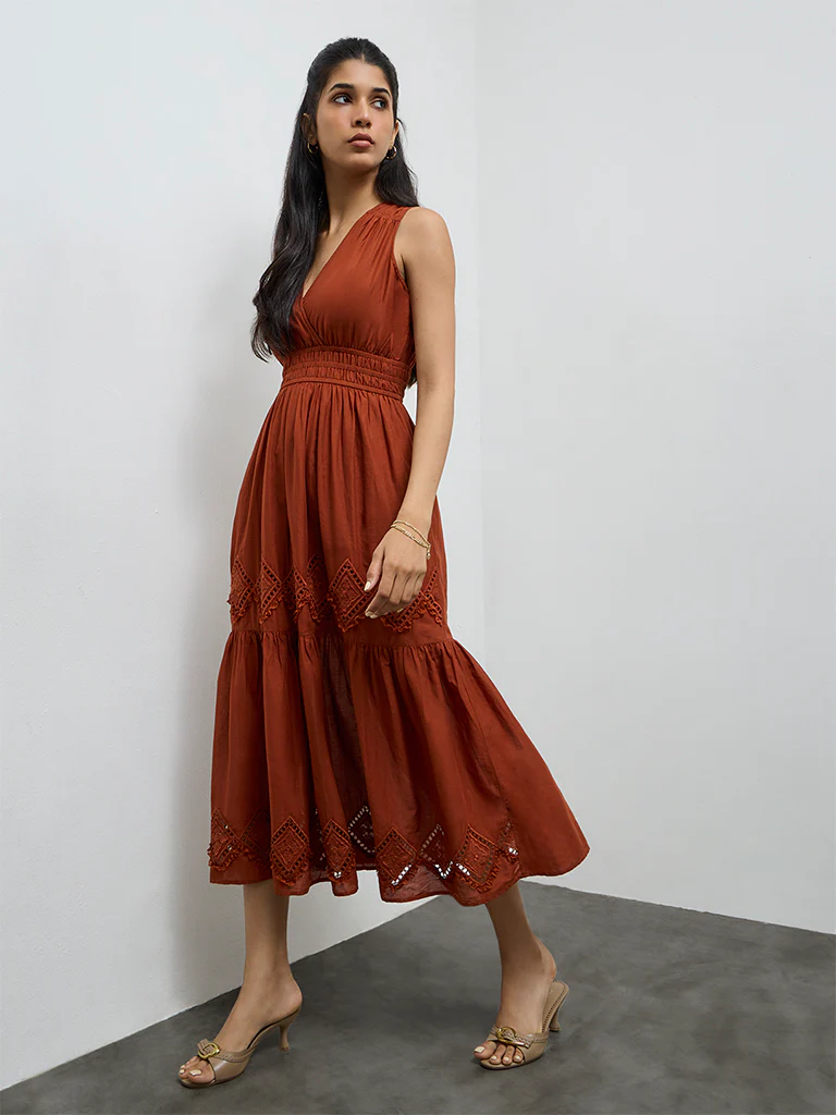 LOV Rust Embroidered Cotton A-Line Dress