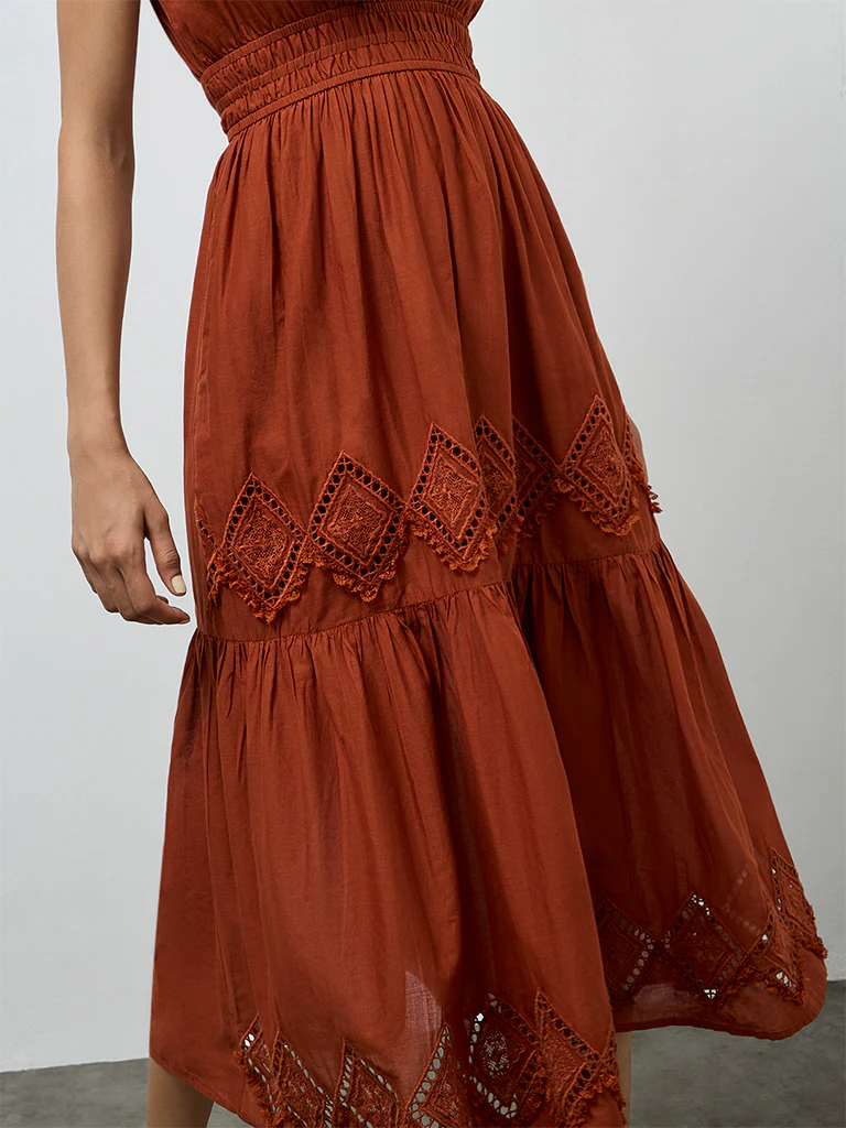 LOV Rust Embroidered Cotton A-Line Dress - Image 3