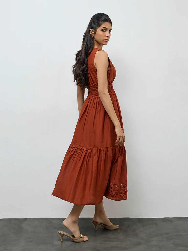 LOV Rust Embroidered Cotton A-Line Dress - Image 4