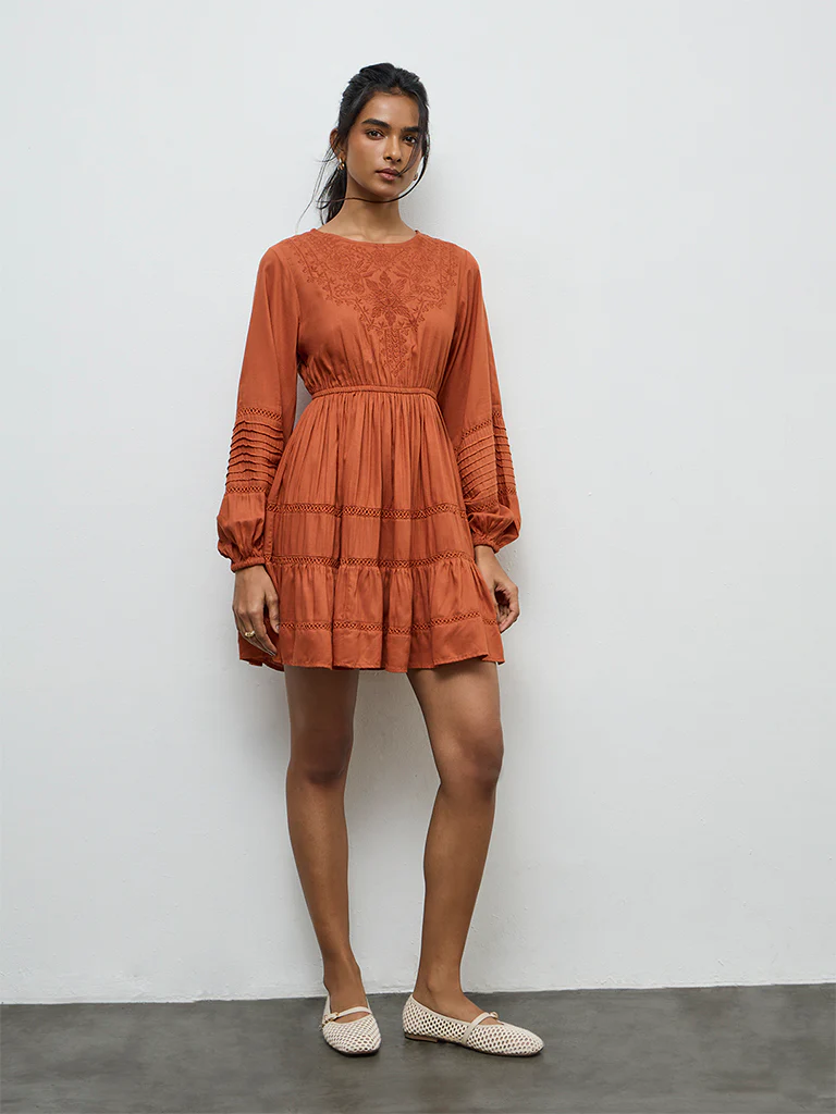 LOV Rust Floral Embroidered Tiered Dress