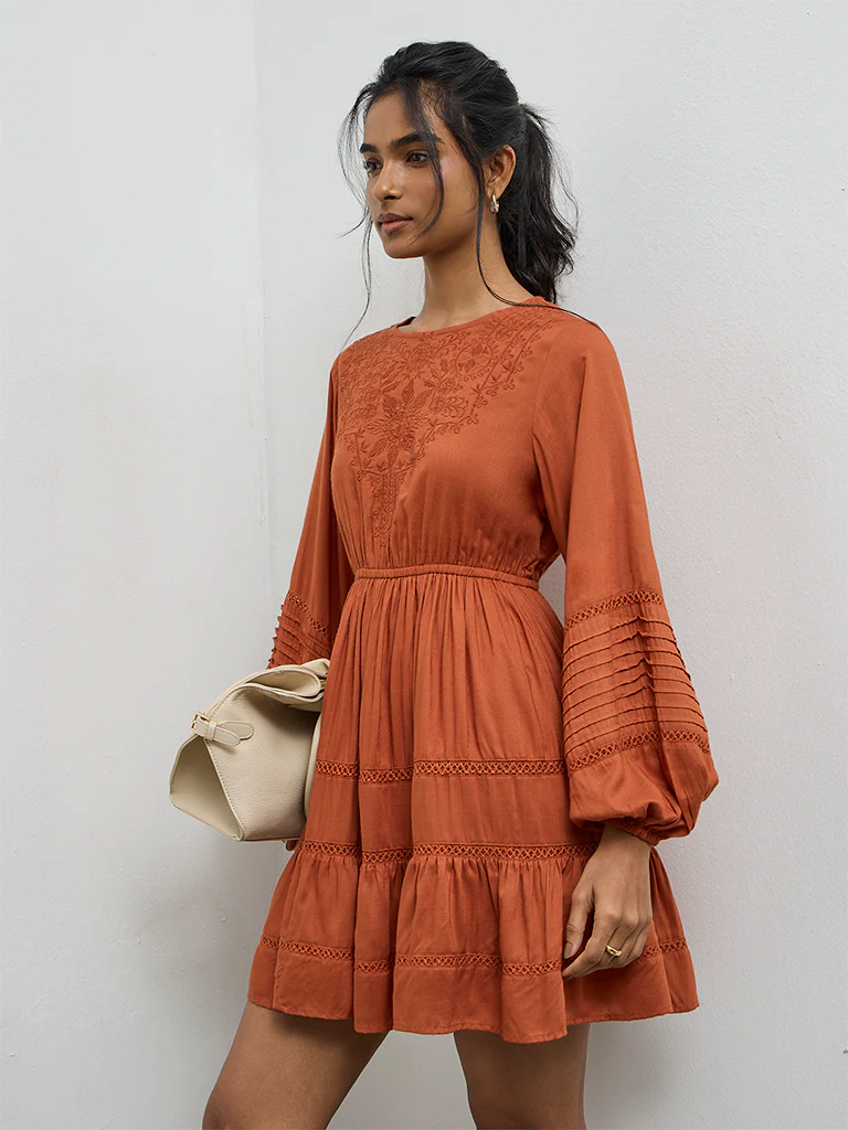 LOV Rust Floral Embroidered Tiered Dress - Image 2