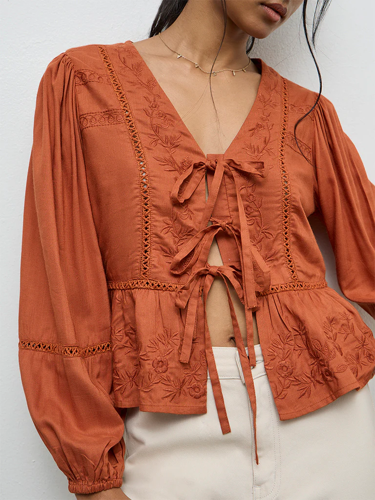 LOV Rust Floral Embroidered Top - Image 3