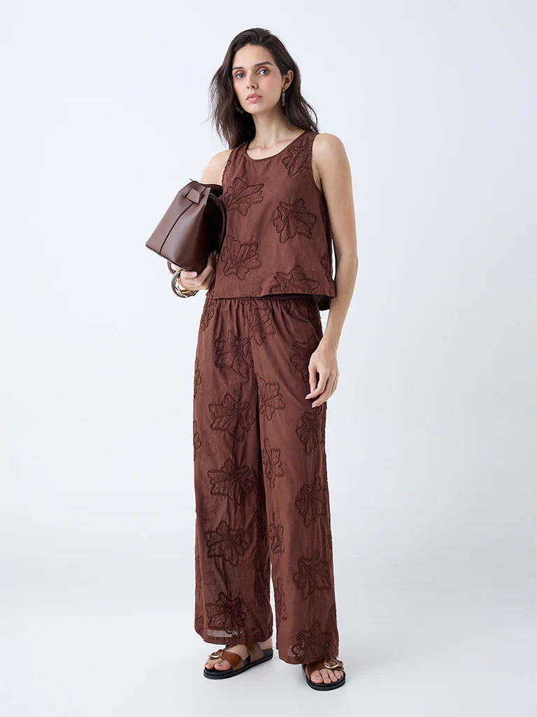 LOV Rust Floral Lace Detailed High-Rise Trousers