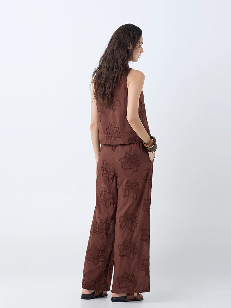 LOV Rust Floral Lace Detailed High-Rise Trousers - Image 4