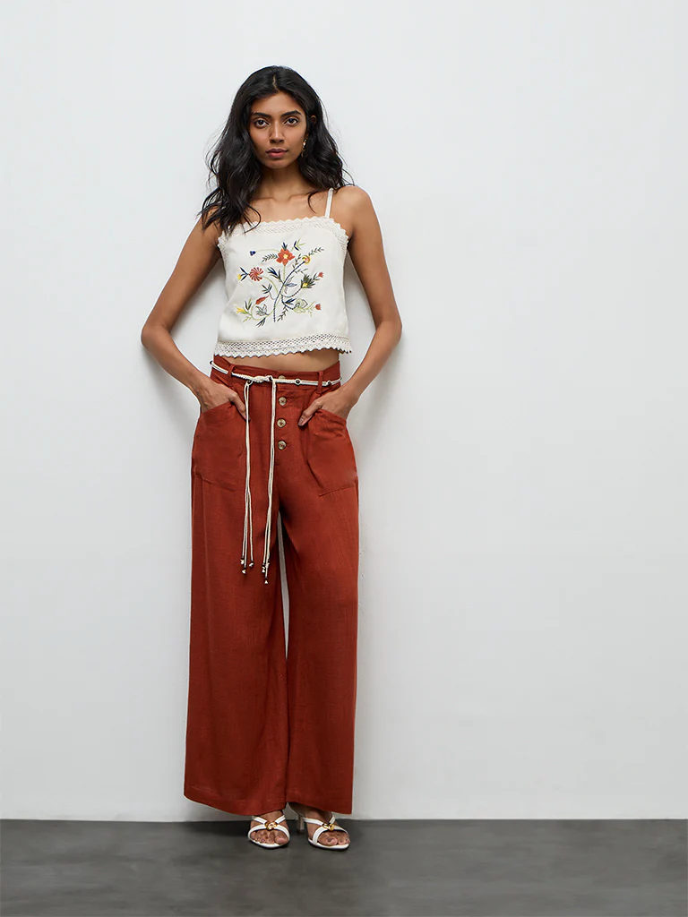 LOV Rust High-Rise Linen Trousers with Belt