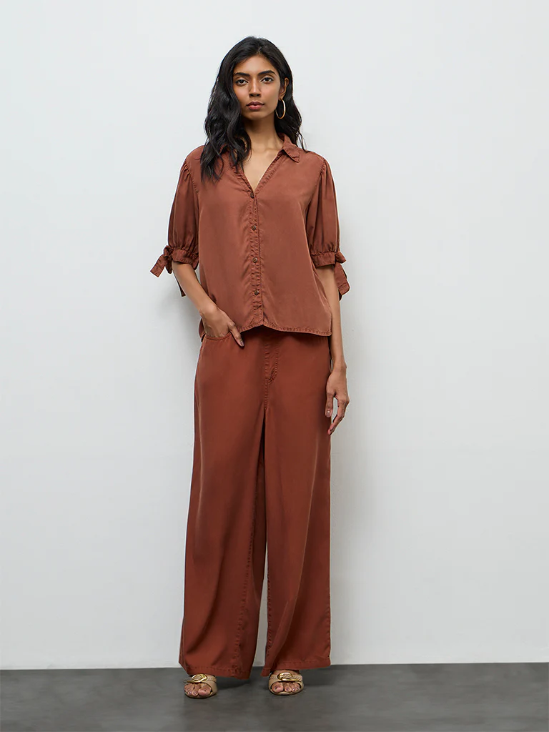 LOV Rust Knot-Detailed High-Rise Denim Trousers