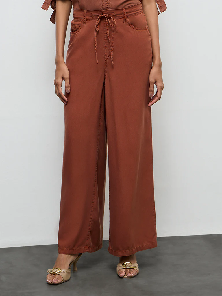 LOV Rust Knot-Detailed High-Rise Denim Trousers - Image 2