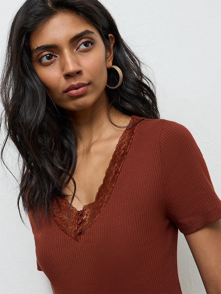 LOV Rust Lace-Detailed Cotton-Blend Top - Image 3